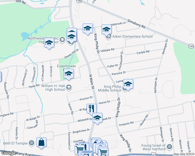 map of restaurants, bars, coffee shops, grocery stores, and more near 1010 North Main Street in West Hartford