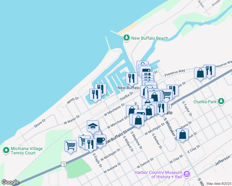 map of restaurants, bars, coffee shops, grocery stores, and more near 1 Harbor Isle Drive in New Buffalo