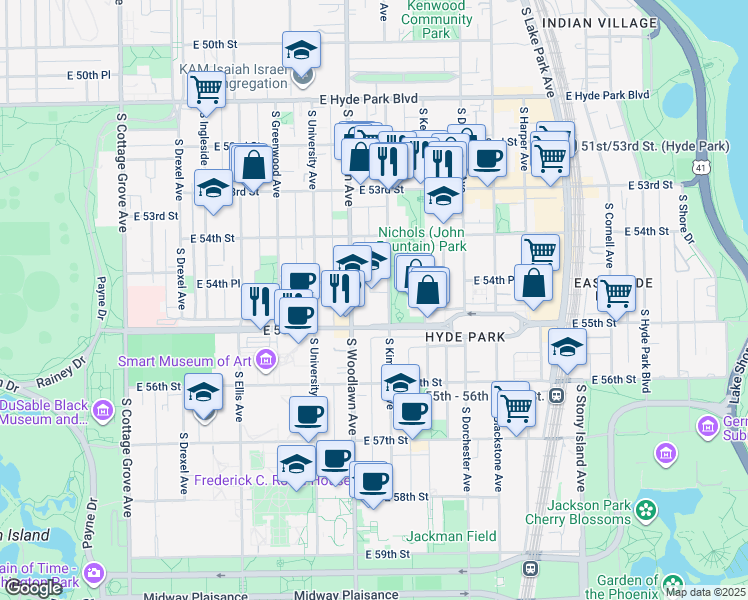 map of restaurants, bars, coffee shops, grocery stores, and more near 5472 South Kimbark Avenue in Chicago