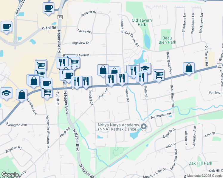 map of restaurants, bars, coffee shops, grocery stores, and more near 3099 Ogden Avenue in Lisle
