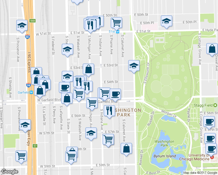 map of restaurants, bars, coffee shops, grocery stores, and more near 5416 South Prairie Avenue in Chicago