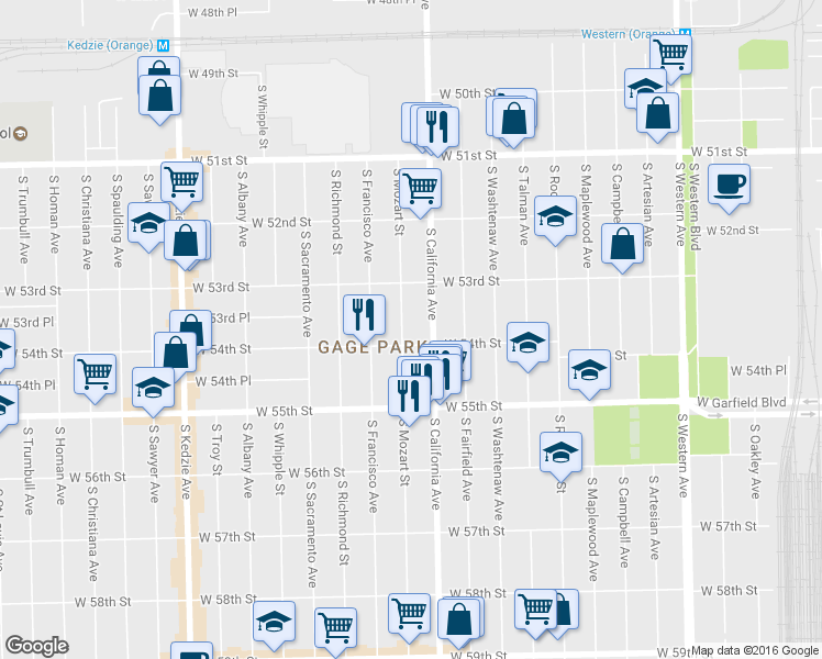 map of restaurants, bars, coffee shops, grocery stores, and more near 5347 South Mozart Street in Chicago