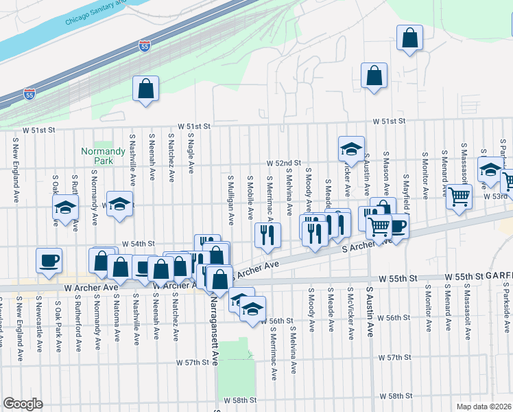 map of restaurants, bars, coffee shops, grocery stores, and more near 5300 South Merrimac Avenue in Chicago