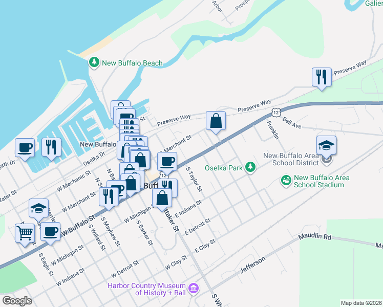 map of restaurants, bars, coffee shops, grocery stores, and more near 316 East Buffalo Street in New Buffalo