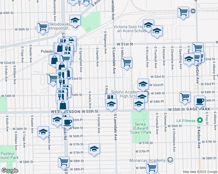 map of restaurants, bars, coffee shops, grocery stores, and more near 5333 South Ridgeway Avenue in Chicago