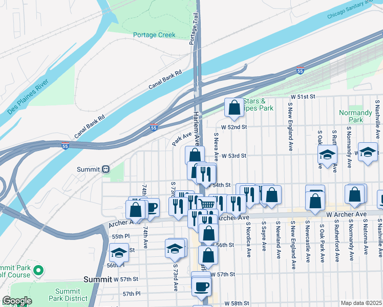 map of restaurants, bars, coffee shops, grocery stores, and more near 5303 S 72nd Ct in Summit