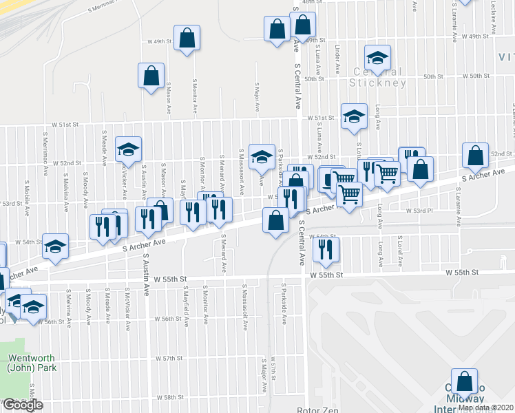 map of restaurants, bars, coffee shops, grocery stores, and more near 5310 South Major Avenue in Chicago