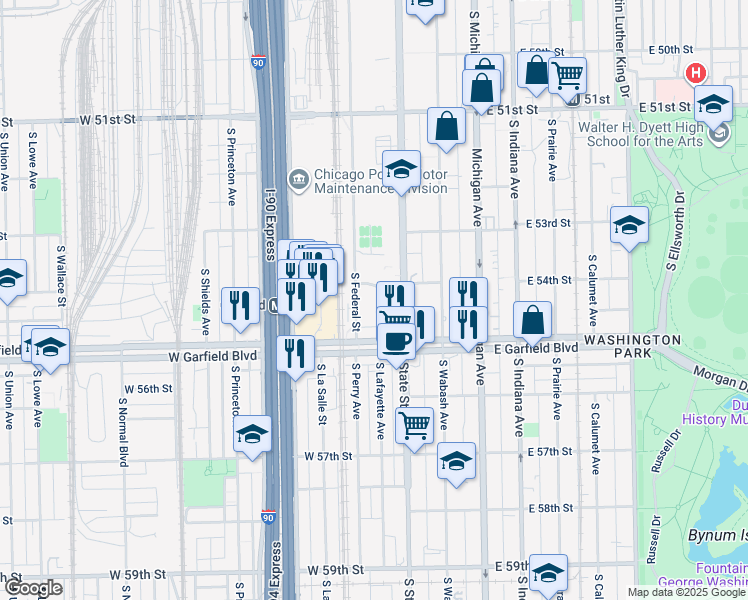 map of restaurants, bars, coffee shops, grocery stores, and more near 5412 South Dearborn Street in Chicago