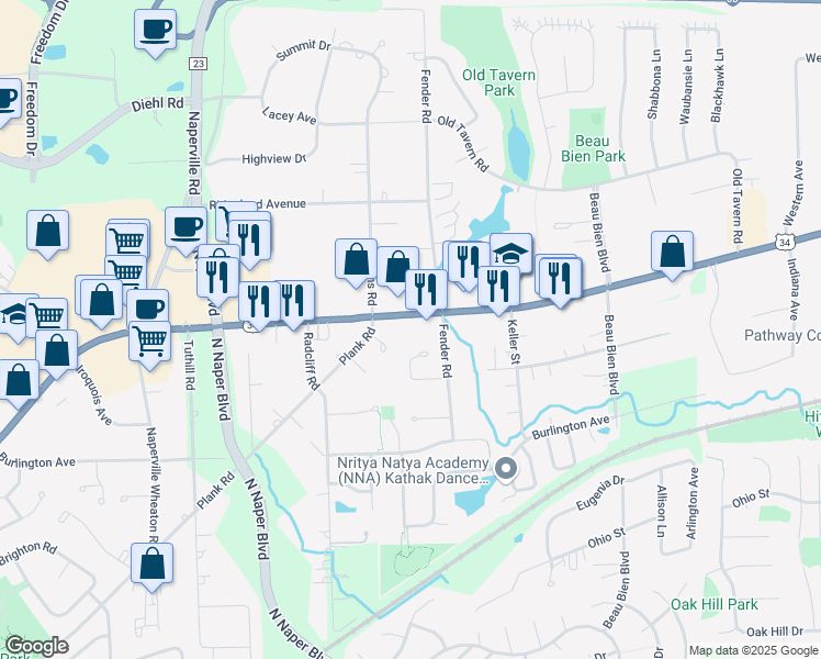 map of restaurants, bars, coffee shops, grocery stores, and more near 3033 Ogden Avenue in Lisle
