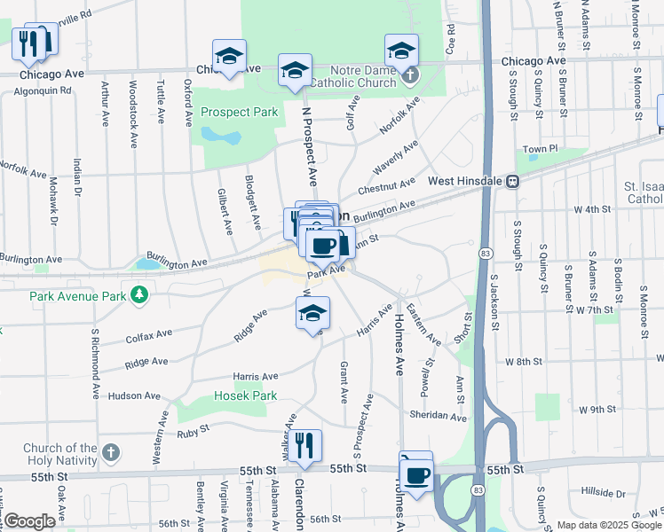 map of restaurants, bars, coffee shops, grocery stores, and more near 27-31 South Prospect Avenue in Clarendon Hills