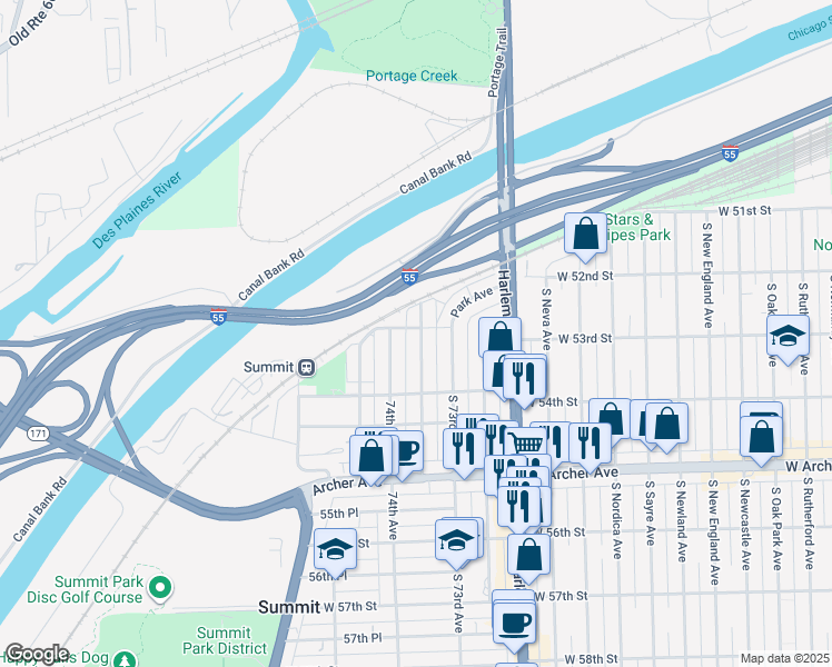 map of restaurants, bars, coffee shops, grocery stores, and more near 302 South 73rd Court in Summit