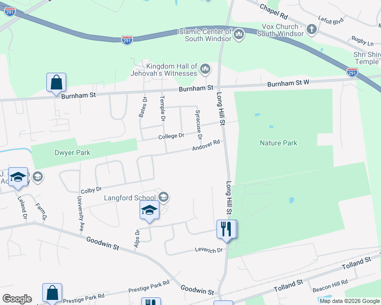 map of restaurants, bars, coffee shops, grocery stores, and more near 57 Andover Road in East Hartford
