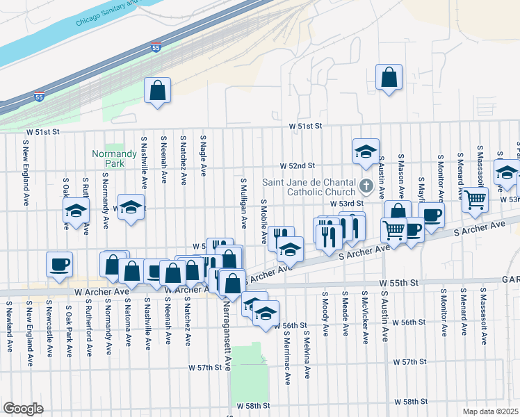 map of restaurants, bars, coffee shops, grocery stores, and more near 5300 South Mobile Avenue in Chicago