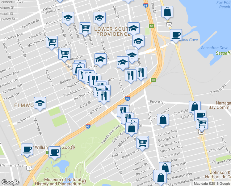 map of restaurants, bars, coffee shops, grocery stores, and more near 201 Pavilion Avenue in Providence