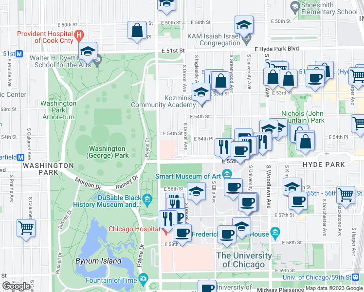 map of restaurants, bars, coffee shops, grocery stores, and more near 5426 South Drexel Avenue in Chicago