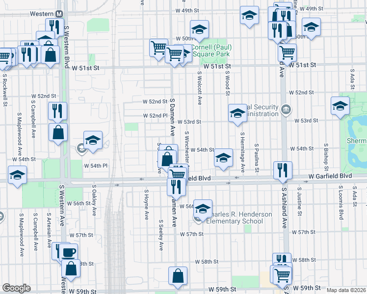 map of restaurants, bars, coffee shops, grocery stores, and more near 5356 South Winchester Avenue in Chicago