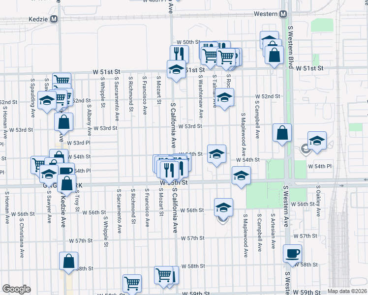 map of restaurants, bars, coffee shops, grocery stores, and more near 5346 S Fairfield Ave in Chicago