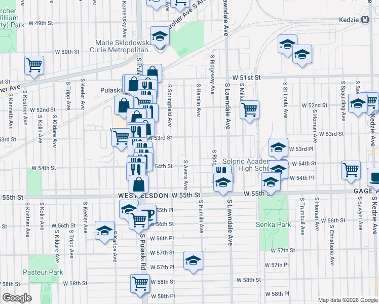 map of restaurants, bars, coffee shops, grocery stores, and more near 5330 South Hamlin Avenue in Chicago