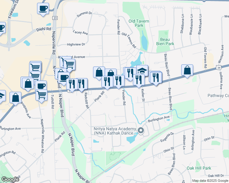 map of restaurants, bars, coffee shops, grocery stores, and more near 3033 Ogden Avenue in Lisle