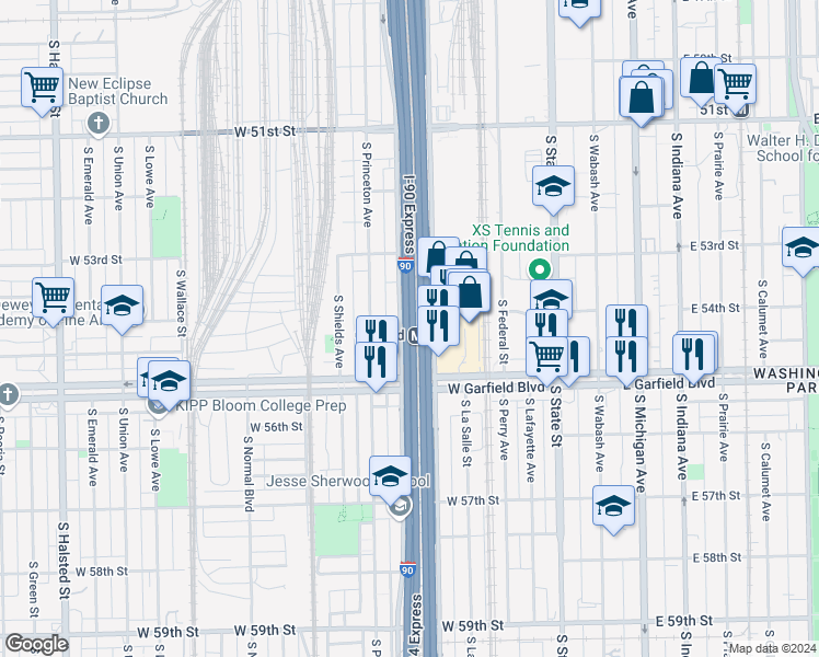 map of restaurants, bars, coffee shops, grocery stores, and more near 5409 South Wells Street in Chicago