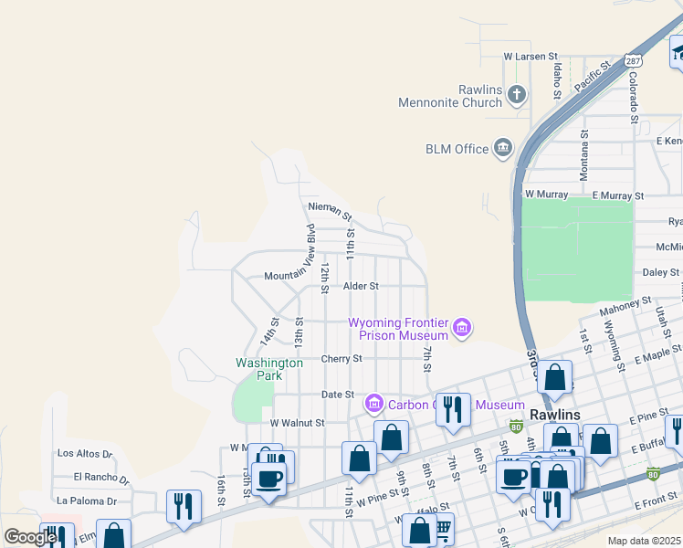 map of restaurants, bars, coffee shops, grocery stores, and more near 1110 11th Street in Rawlins
