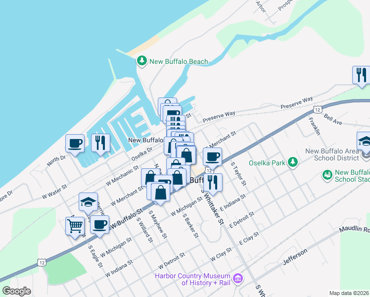 map of restaurants, bars, coffee shops, grocery stores, and more near 137 North Whittaker Street in New Buffalo