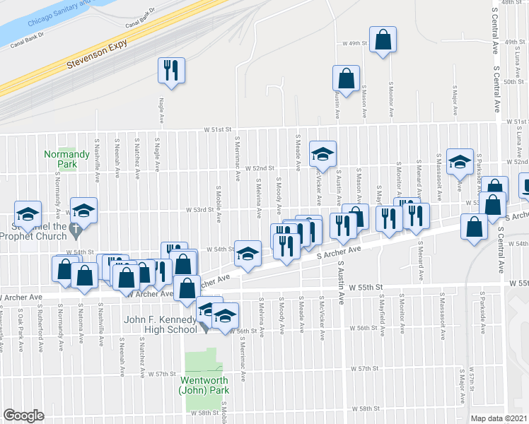 map of restaurants, bars, coffee shops, grocery stores, and more near 5301 South Melvina Avenue in Chicago
