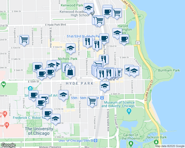 map of restaurants, bars, coffee shops, grocery stores, and more near 5470 South Harper Avenue in Chicago