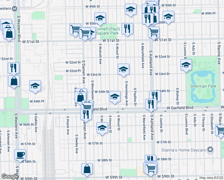map of restaurants, bars, coffee shops, grocery stores, and more near 5357 South Honore Street in Chicago