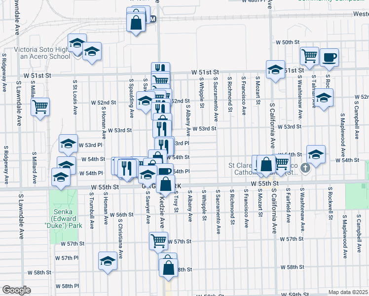 map of restaurants, bars, coffee shops, grocery stores, and more near 3121 West 53rd Place in Chicago