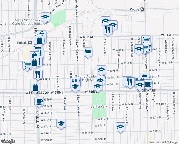 map of restaurants, bars, coffee shops, grocery stores, and more near 5333 South Millard Avenue in Chicago