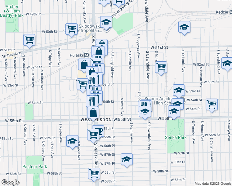 map of restaurants, bars, coffee shops, grocery stores, and more near 5330 South Avers Avenue in Chicago