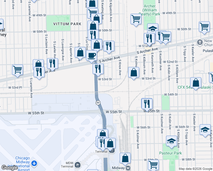 map of restaurants, bars, coffee shops, grocery stores, and more near 5321 South Keating Avenue in Chicago