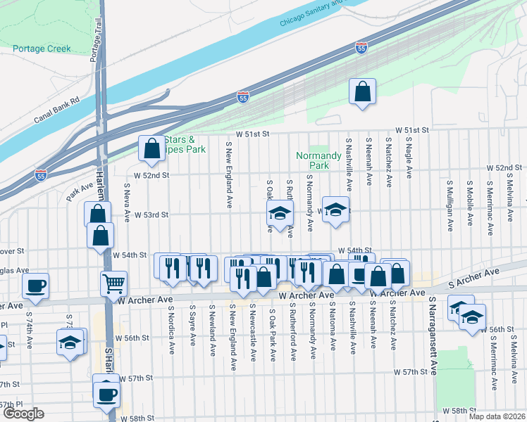 map of restaurants, bars, coffee shops, grocery stores, and more near 5258 South Oak Park Avenue in Chicago