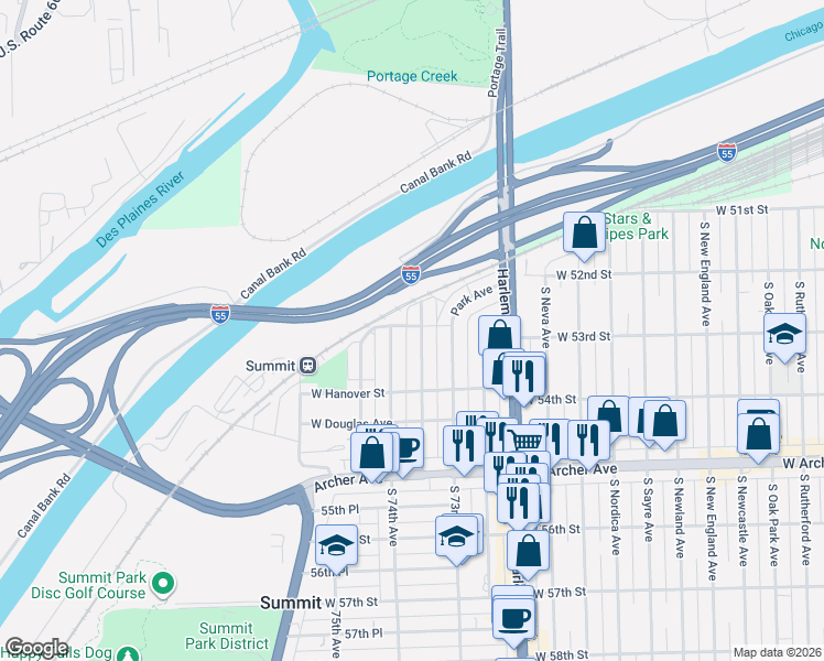 map of restaurants, bars, coffee shops, grocery stores, and more near 302 South 73rd Court in Summit