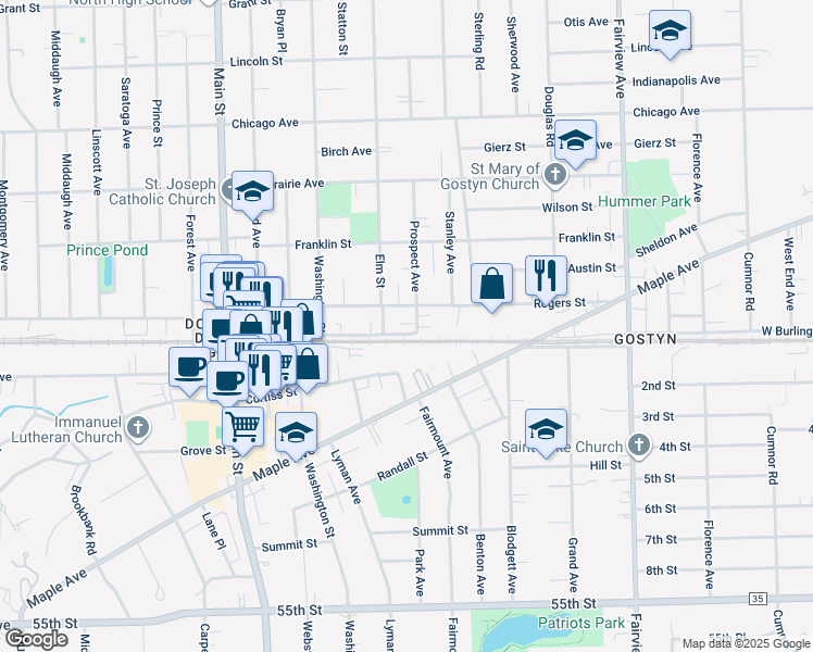 map of restaurants, bars, coffee shops, grocery stores, and more near 728 Warren Avenue in Downers Grove