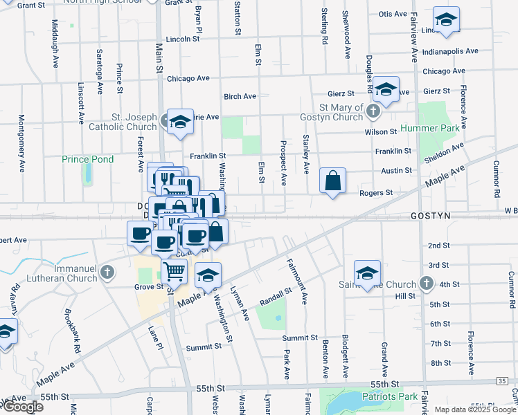 map of restaurants, bars, coffee shops, grocery stores, and more near 810 Warren Avenue in Downers Grove
