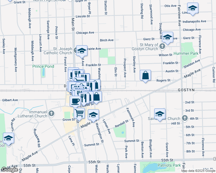 map of restaurants, bars, coffee shops, grocery stores, and more near 810 Warren Avenue in Downers Grove