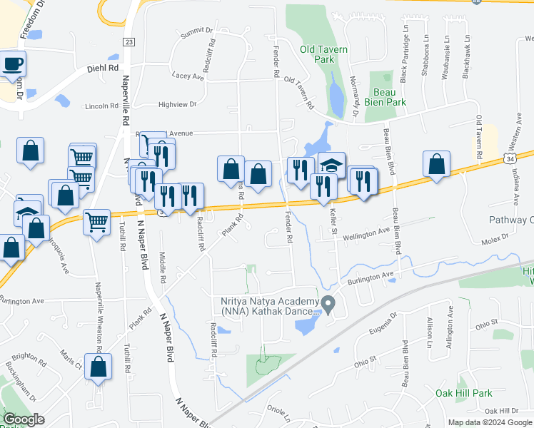 map of restaurants, bars, coffee shops, grocery stores, and more near 3033 Ogden Avenue in Lisle