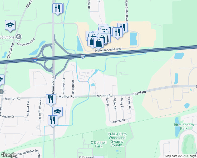 map of restaurants, bars, coffee shops, grocery stores, and more near 1925 Tall Oaks Drive in Aurora