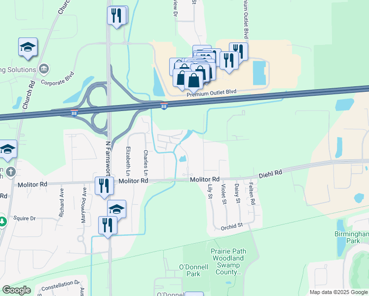 map of restaurants, bars, coffee shops, grocery stores, and more near 1925 Tall Oaks Drive in Aurora