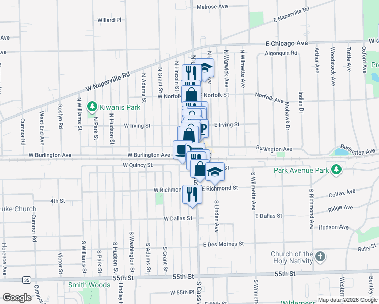 map of restaurants, bars, coffee shops, grocery stores, and more near 4 West Burlington Avenue in Westmont