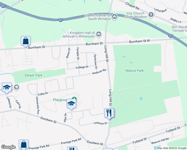 map of restaurants, bars, coffee shops, grocery stores, and more near 57 Andover Road in East Hartford