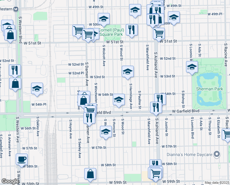 map of restaurants, bars, coffee shops, grocery stores, and more near 5357 South Honore Street in Chicago