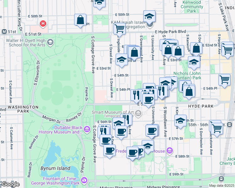 map of restaurants, bars, coffee shops, grocery stores, and more near 5466 South Ingleside Avenue in Chicago