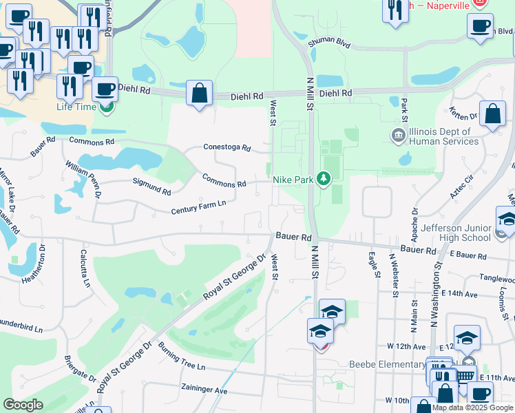 map of restaurants, bars, coffee shops, grocery stores, and more near 1521 Wedgefield Circle in Naperville