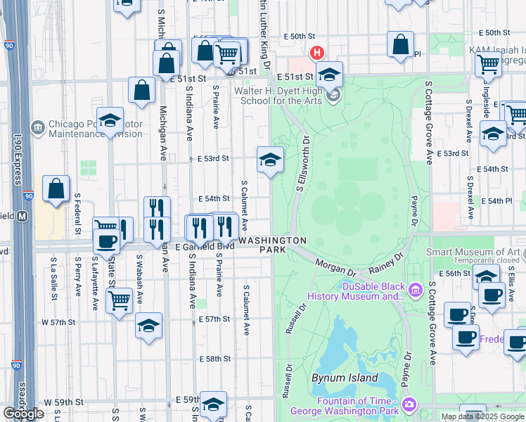 map of restaurants, bars, coffee shops, grocery stores, and more near 5410 South King Drive in Chicago