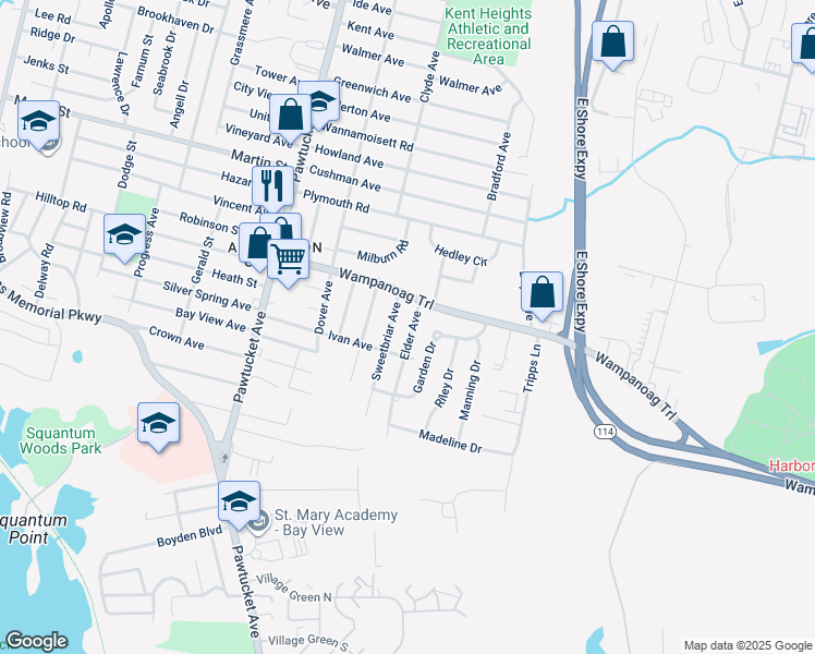 map of restaurants, bars, coffee shops, grocery stores, and more near 25 Elder Avenue in East Providence