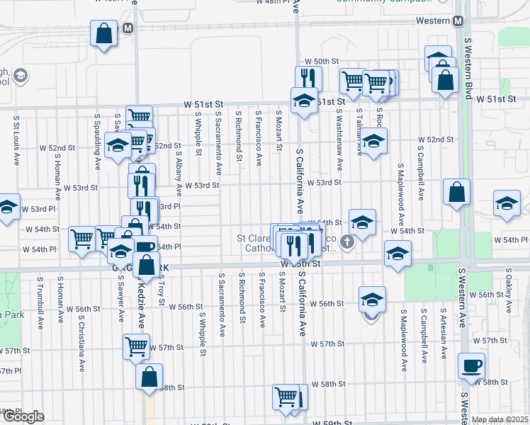 map of restaurants, bars, coffee shops, grocery stores, and more near 5343 South Francisco Avenue in Chicago