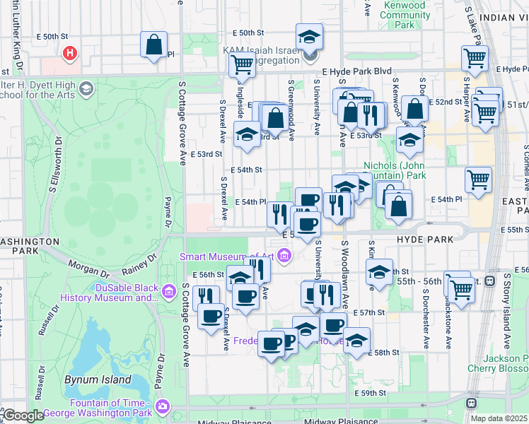map of restaurants, bars, coffee shops, grocery stores, and more near 5466 South Ellis Avenue in Chicago